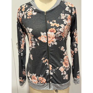 Women'Égs Floral Zip-Up knit cardigan Size S Gray Peach pink pockets ribbed trim